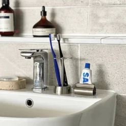 MONTESSA brushed stainless steel toothbrush holder with 4-slot clover design