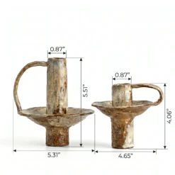 Rustic wabi sabi clay taper candle holder with handle and wide base