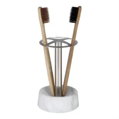 Modern 4-slot toothbrush holder with white marble base and stainless steel stand
