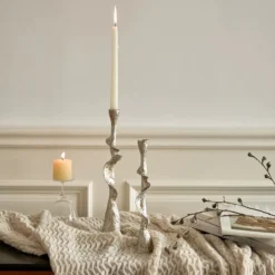 MONTESSA set of 2 twisted distressed resin candle holders 13.2 and 10.8 inches