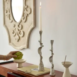 MONTESSA set of 2 twisted distressed resin candle holders 13.2 and 10.8 inches